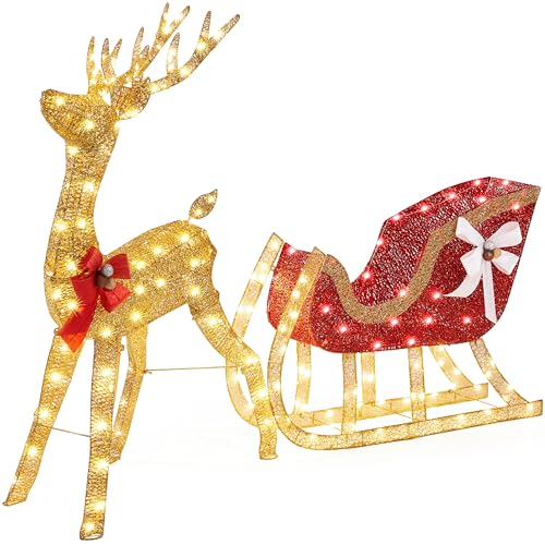 Yaheetech Lighted Christmas Reindeer & Santa Sleigh Set, Light-up Outdoor Xmas Holiday Decor Set w/ 360 Warm White LED Lights for Outdoor/Indoor
