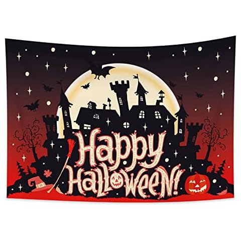 Happy Halloween Tapestry Wall Hanging Creepy Castle Full Moon Tapestry Witch on Broom Scared Pumpkin Wall Hanging Red Background Polyester Wall Art for Bedroom Living Room, 59"x39.3" Cover