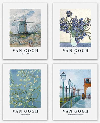 Van Gogh Prints - Famous Painting Set of 4 Blue modern family Van Gogh Blossom, Flower, Windmill Gift Set of Vincent Van Gogh / Home Decor Gifts / Vintage Room decorazioni per la casa (28cm x 36cm)