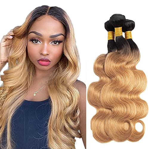 AuokMar Peruvian Bundles 1B/27 8A Grade Unprocessed Brazilian Virgin Human Hair Body Wave Bundles Weave Hair Extensions Hair Natural Wave Bundles（18 20 22 inches）