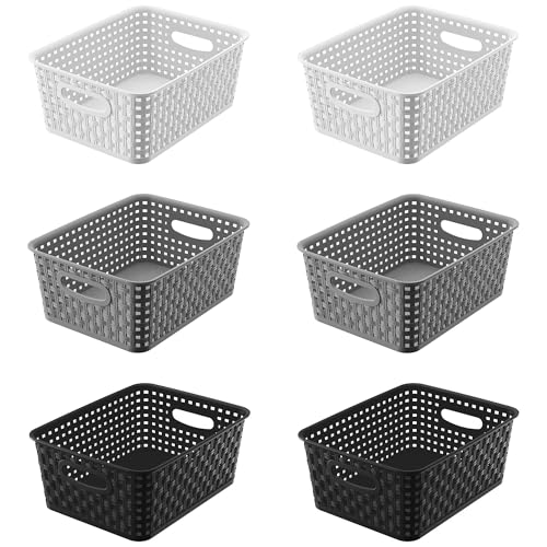 JUJIAJIA 6 Pack Plastic Small Woven Storage Baskets, Black/White/Grey Assorted Organizer Shelf Weave Baskets for Home Organization, Pantry, Closet, Bathroom, Kitchen (10x7.5x4 in)