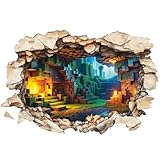 Pixel-Art Mine Gaming Wandaufkleber Wandtattoo 3D Wanddurchbruch – Block-Design Landschaft Wandsticker – Kinderzimmer Deko für Jungen – Einfach Anzubringen – 40 × 60 cm