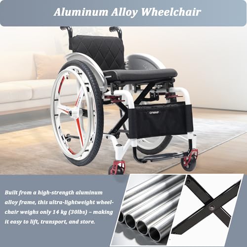 Image of Portable Aluminum Folding Wheelchair, Lightweight Manual Sports Chair with Anti-Tipper, Quick Release Rear Wheels(B,43cm /16.9in Seat)