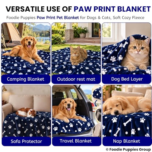 Image of Foodie Puppies Pet Blanket for Dogs & Cats - Navy Blue Paw Print Fleece Blanket, Soft Cozy Washable Cover for Puppies, Kittens & Pets | 39 x 30 Inch