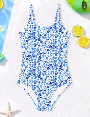 Image of AGAPENG Girls Swimsuit One Piece Ruched Solid Color Bathing Suit for Girls Ribbed Adjustable Straps Pad Swimwear 9-16Y