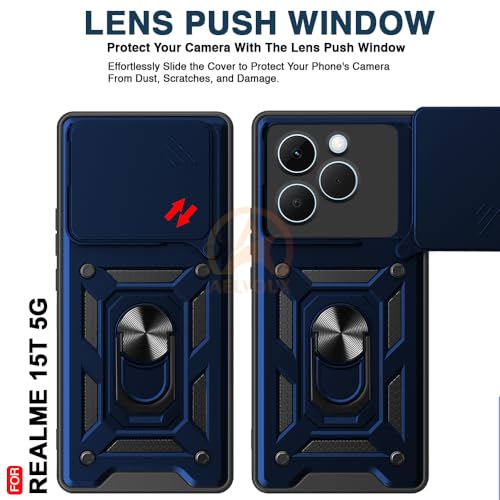 Image of Armor Bumper Back Cover Case for Realme 15T 5G Rotating Camera Cover, Ring Holder & Kickstand | Heavy Duty & 360 Degree Protection Realme 15T 5G Back Cover (Blue)