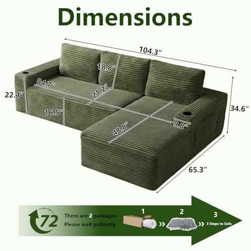 Image of 104.3 inch Modular Sectional Sofa,Modern Corduroy Cloud Couch with Cup Holder & Side Pockets,Boneless Couch Upholstered 4-Seater L-Shaped Sofa for Living Room,No Assembly (Green, Right-Facing Chaise) | with Cup Holder