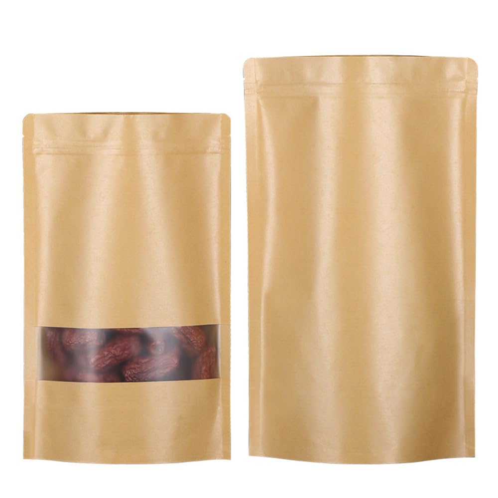 100 szt./partia Stand Up Kraft Paper Pouches With Windows Snack Food Ziplock Bags Nuts Sealed Food Packaging Bags With Tear Notch (przezroczyste okno, 16 x 22 cm)