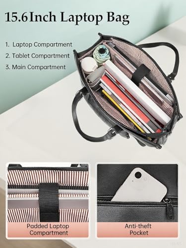 MATEIN Laptop Tote Bag with Insulated Lunch Compartment, 15.6 Inch PU Leather Briefcase with Leakproof Lunch Box Pocket for Women, Convertible Lightweight Computer Work Bag Handbag for Office, Black4