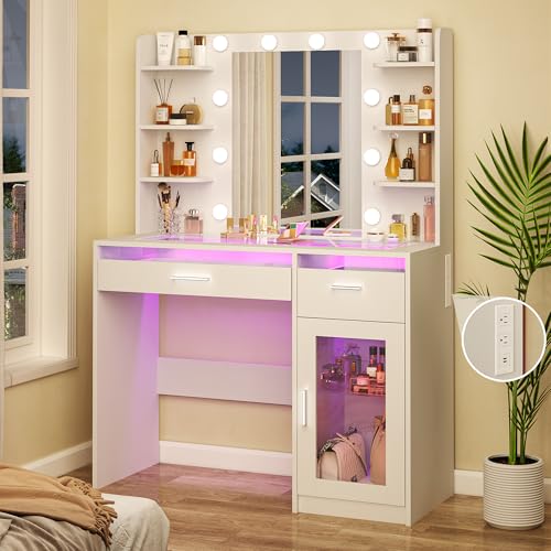 Image of HUAHUU Vanity Desk with Mirror and Lights, Makeup Vanity Desk with Lights 3 Colors, Transparent Top Vanity with 2 RGB Drawers, 6 Shelves, Large Tempered Cabinet, Power Outlet, for Bedroom, White