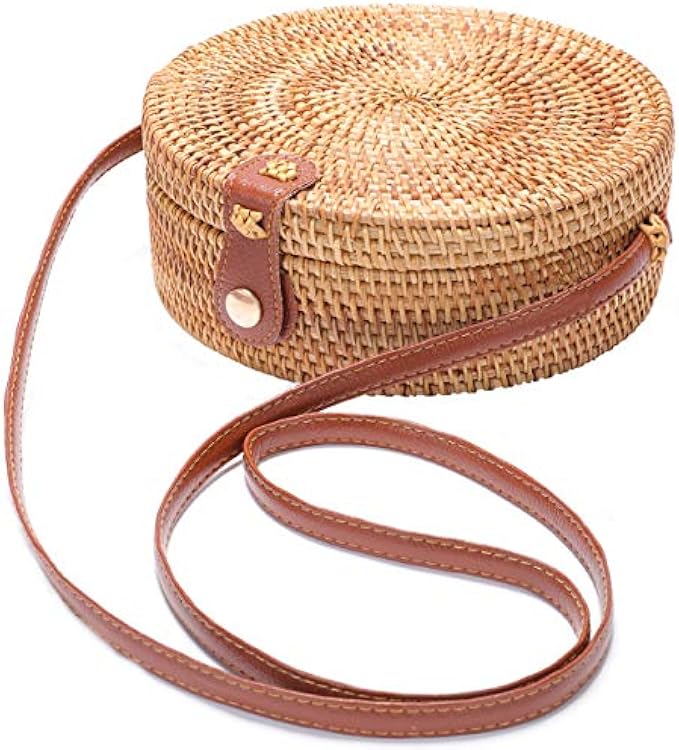 Handwoven Round Rattan Bag Shoulder Leather Straps Natural Chic Hand