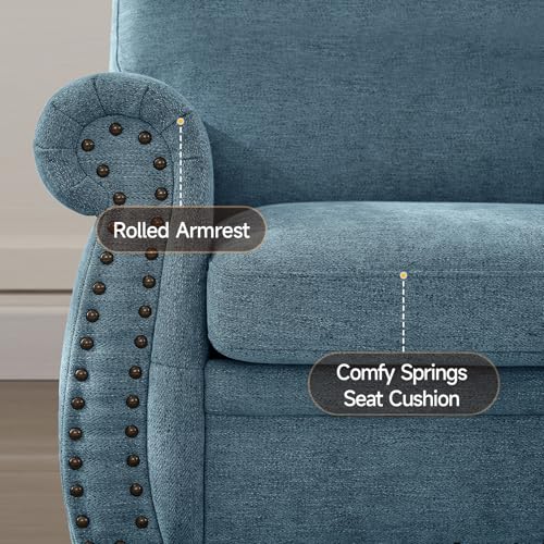 Image of ONBRILL Nailhead Sofa, 66 Inch Small Couch with Rolled Arms, Chenille Fabric Loveseat w /Springs Seat Cushion, Vintage Curved Back, Turned Wood Legs, Comfy Couch for Living Room, Farmhouse, Teal