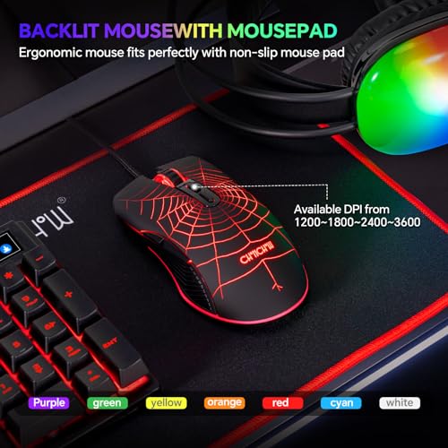 Gaming Keyboard Mouse Mousepad and Headset with mic Combo All in One USB Wired RGB Backlit Rainbow Side Button Gamer Bundle Set Compatible with PC Windows Xbox one PS4 PS5(Black)
