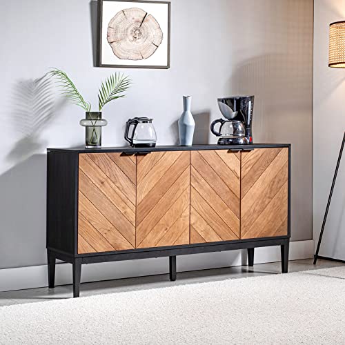 Hulala Home 55" Sideboard Buffet Cabinet, Kitchen Storage Cabinet With 4 Doors & 2 Removable Shelves, Cupboard Console Table Accent Cabinet For Dining Room, Hallway, Black #TOP12