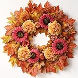 28'' Large Fall Wreath for Front Door, Porch, Window- Artificial Maple Leaves Faux Sunflower Hydrangea Pumpkins Outdoor Autumn Wreath for Home, Farmhouse Wall Thanksgiving Day Harvest Festival Decor