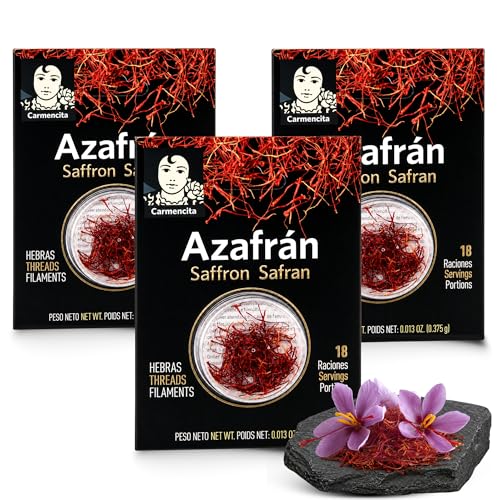 Hebras de azafrán, saffron safran, Azafrán Español de Calidad, ideal para paellas, estofados, sopas, patatas y gran cantidad de guisos, Peso Neto 0.375 g, Apto para 18 raciones, Contiene 3 sobres