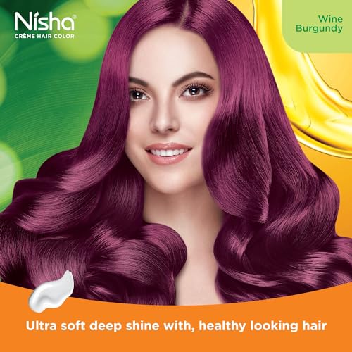 Image of Nisha Creme Hair Color, Permanent Hair Colour Wine Burgundy, Silky & Shiny 100% Grey Coverage & Ammonia Free Color With Natural Henna Extract, 60G+60Ml