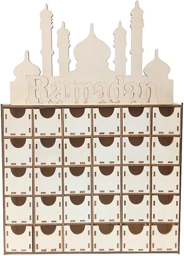 ULTNICE Calendario de Adviento de madera, calendario de cuenta regresiva de Eid Mubarak, cajón de madera, decoración de Ramadán musulmán para