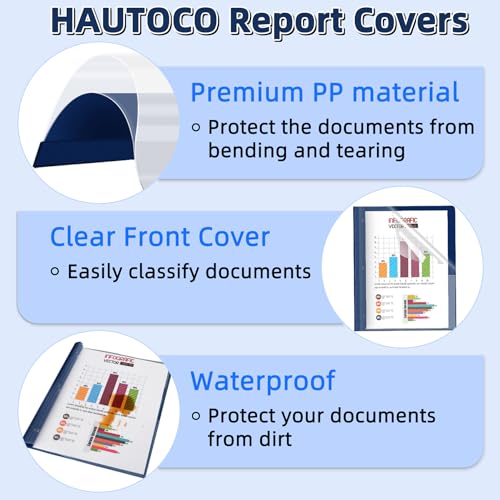 Image of HAUTOCO 12 Pack Plastic Report Covers with 3-Prong Fasteners Clear Front Resume Portfolio Folder for 8.5x11 Letter Size Paper, Presentation Document Report Folders for Office School Use, Navy Blue