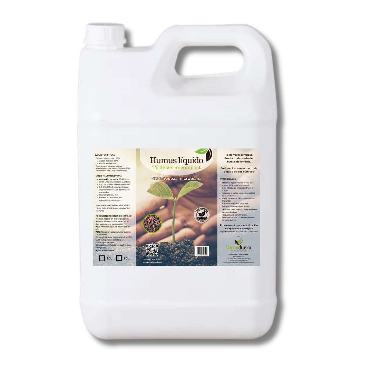 Humus líquido Vermiduero 5L. Abono líquido derivado del humus de lombriz, ecológico | Apto para Huerto, Plantas y Jardín | Aplicación Foliar y Fertirriego