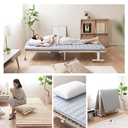 EMOOR Wooden Slatted Folding Bed Frame Twin, Foldable Rollaway Sturdy Paulownia Japanese Futon Mattress Tatami Natural No Box Spring Needed - Thumbnail 6