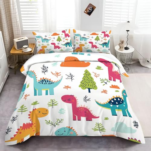 Funda Nórdica Cama 90-150 x 200 cm Suave Transpirable, Dinosaurio Colorido De Dibujos Animados Patrón Microfibra Juego de Fundas Edredón 1 Funda Nórdica + 2 Fundas de Almohada 50x75cm