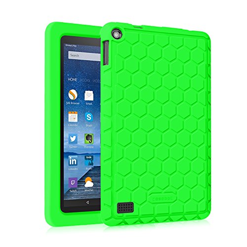 Fintie Silicone Case for Amazon Fire (Previous 5th Generation ONLY, 2015 7 inch) - [Honey Comb Series] [Kids Friendly] Light Weight Anti Slip Shockproof Back Cover (NOT Fit All-New Fire 7 2017), Green