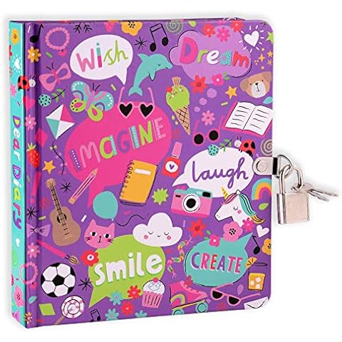MOLLYBEE KIDS My Favorite Things Lock and Key Diary Notebook for Girls, 5.5 x 6.25 Inches, 208 Lined Pages, Padlock with 2 Keys, Purple Cover
