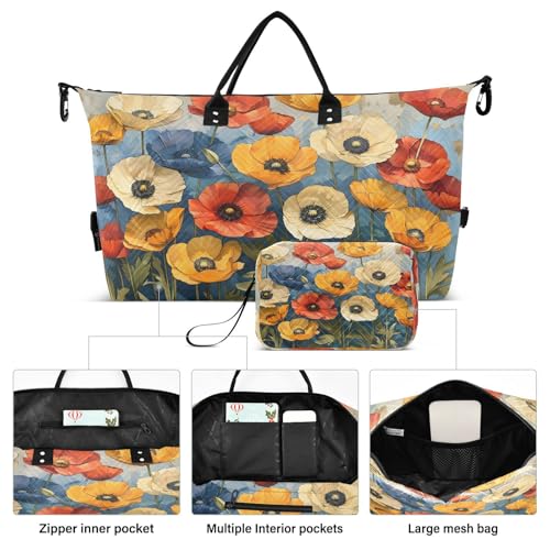 Flower Travel Duffle Bag Gym Bag, Vibrant Retro Flowers Weekender Bags for Women with Toiletry Bag Travel Tote Bag Swim Bag2