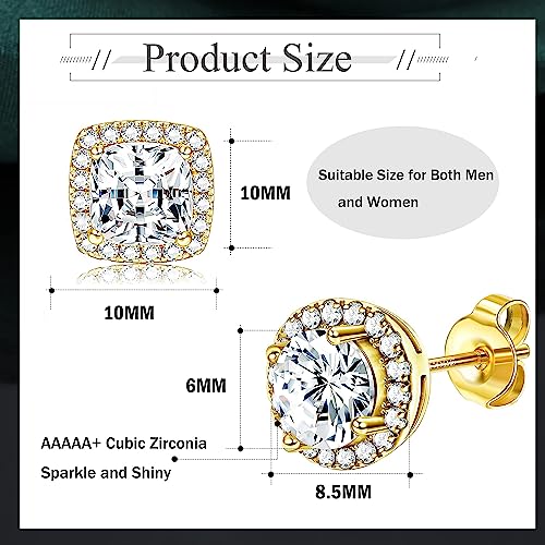 1-2 Pairs 925 Sterling Silver Mens Earrings Cubic Zirconia Halo Stud Earrings for Men 18K Gold Plated Heart/Round/Square Cut CZ Stud Earrings Set for Women Men2