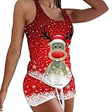 BEIJIXING Weihnachts Pyjama Family Set Damen Sexy Dessous Satin Schlafanzug Cami Shorts Set Nachtwäsche Bademantel (Rot,XXL)