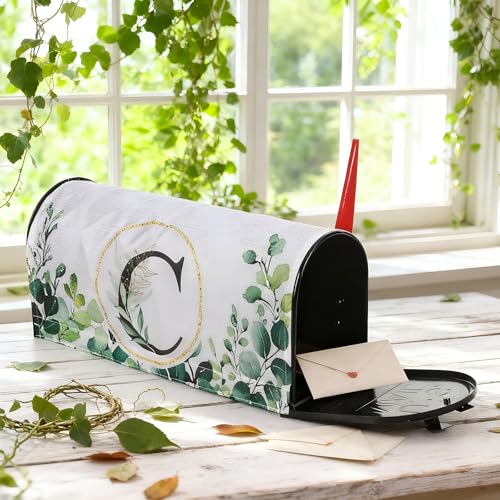 Image of Tiamon Monogrammed C Mailbox Covers Magnetic Eucalyptus Welcome Letter Box Wrap Standard Size 21x18 Inch Spring Summer Leaves Mailbox Decor Eucalyptus Letter Numbers Decoration for Outdoor Garden Yard