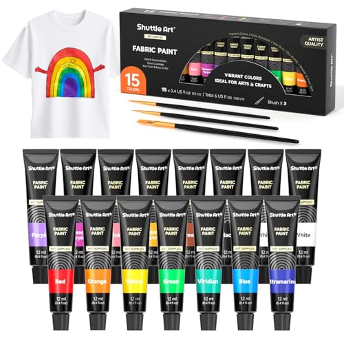 Shuttle Art Fabric Paint, 15 x 12ml Tubes Permanent Soft Fabric Paint with 3 Brushes, Non-Toxic Textile Paint for Clothes, T-Shirts, Shoes, Jeans, Bags, DIY...