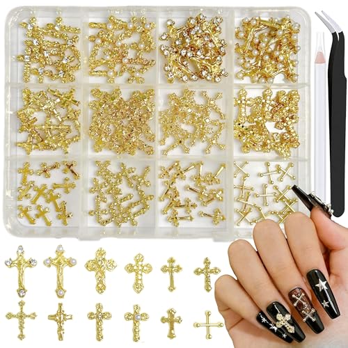 LERBOU 120pcs Cross Nail Charms Y2K 3D Cross Gold Nail Charms and Gems Kit Gold Charms for Nails Art Pearls Diamond Nail Studs and Rhinestones for Women Girl DIY Craft Manicures Accessories