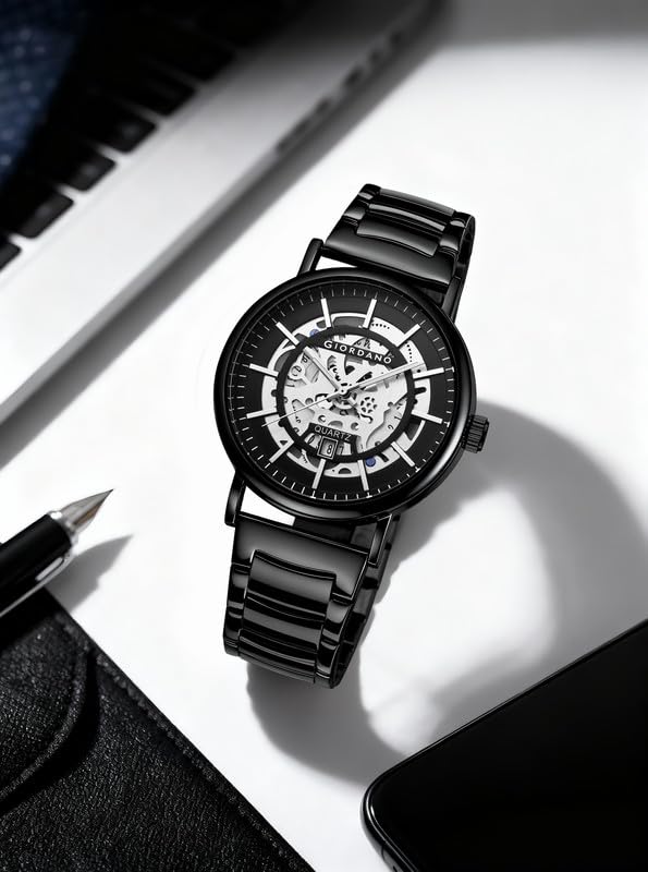 Image of Giordano Analog Quartz Watch for Men with Skeleton Round Dial, Date Function, Luminous Hands and Markers, Leather & Stainless Steel Strap - GZ-50182
