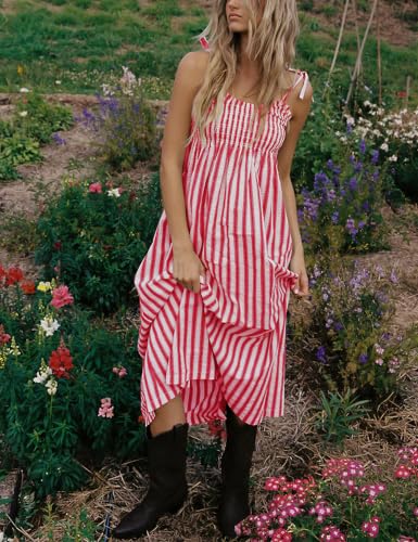 Image of Lentta Women's Striped Smocked Maxi Dress Causal Spaghetti Strap Stretchy Flowy Swing Long Dress with Pockets