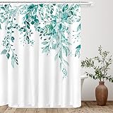 Tititex Teal Eucalyptus Shower Curtain Sets, Watercolor Turquoise Leaves on The Top Plant with Flora