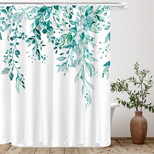 Tititex Teal Eucalyptus Shower Curtain Sets, Watercolor Turquoise Leaves on The Top Plant with Floral Bathroom Decoration 72x84 Inch with Hooks by Tititex - Used condition - US$21.71