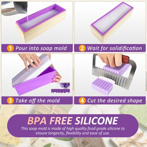 Image of HASTHIP Silicone Soap Mold with Wooden Box, 1200g /42Oz Large Capacity Flexible Rectangular Loaf Mold, Stainless Steel Wavy + Straight Scraper for Soaps Making