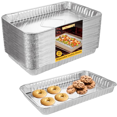 EATHEATY Paquete de 50 moldes de aluminio desechables de tamaño medio de 12.7 x 8 pulgadas, moldes para hornear pasteles, bandejas antiadherentes para hornear bandejas de aluminio poco profundas