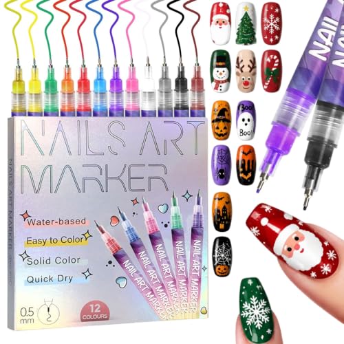 12 Color Nail Art Pens for Painting Nails, 0.5 MM Nail Polish Pens Drawing Point Liner Painted Pen Kit, Waterproof Quick-drying for DIY Nails Art Design Manicure Tools