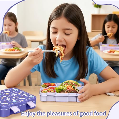 Image of Bento Lunch Box for Kids, Leak-Proof 5-Compartment Cute Lunchbox for Boys Girls, Drop-Proof, Food Container Microwave & Dishwasher Safe, Back to School Supplies for Ages 3 to 7, Purple /Unicorn