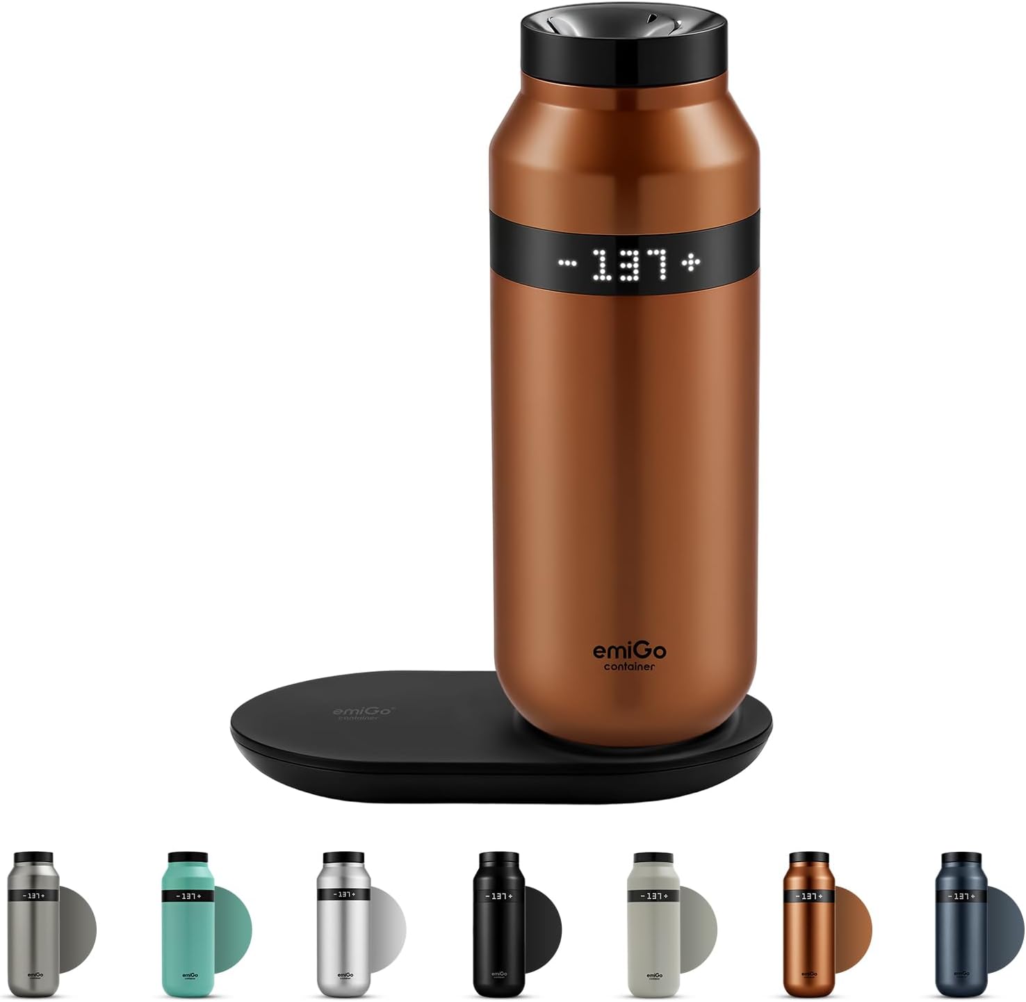 emiGo TempMaster Smart Heated Travel Mug, 16 fl. Oz (475mL), Bluetooth App & Manual Temperature Control, IPX7 Waterproof Stainless Steel Mug with Charging Coaster for Home/Office (Copper)