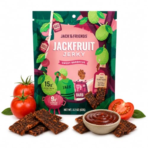 Jack &amp; Friends Jackfruit Jerky Sweet BBQ - Plant Based Vegan Jerky Snack, Healthy Meatless Jerky Alternative Made from Jackfruit - 15g Protein, 9g Fiber, Gluten Free, Soy Free, Low Sugar - 2.2 oz (1 Pack)