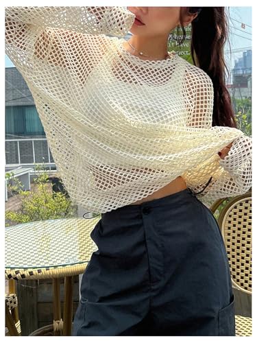 SHENHE Women's Trendy Crochet Mesh Cover Ups Top Summer Long Sleeve Hollow Out Crew Neck Sweater Tops3