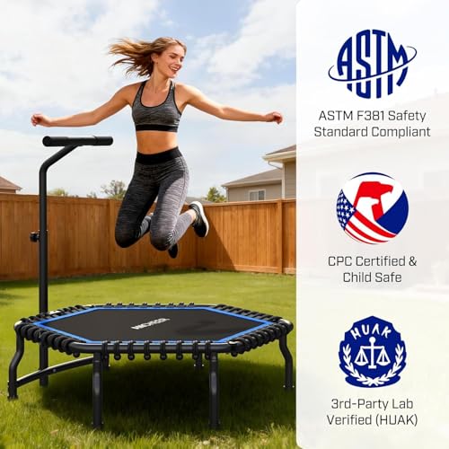Image of ANCHEER Trampoline, 50'' Rebounder Trampoline for Adult with Bar, Indoor Mini Trampoline, 550LBS Fitness Trampoline with Bungee, Jumping Cardio Equipment, Exercise Trampoline at Home