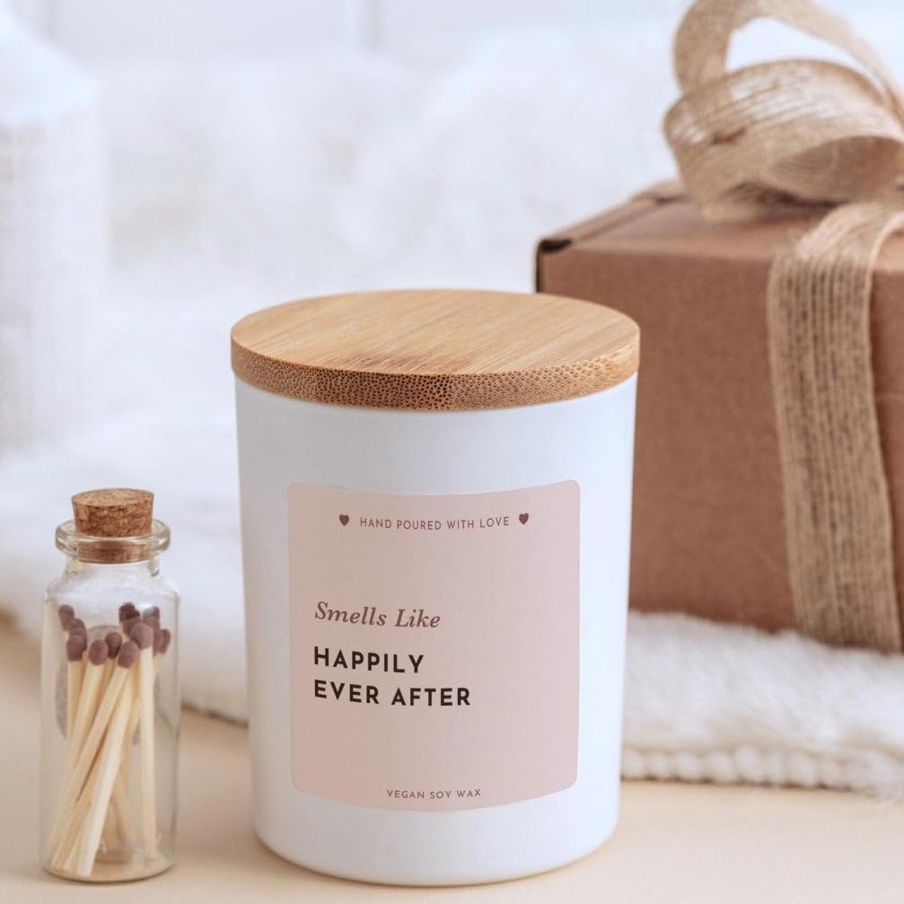 Pomchick - Wedding Gift Candle for Couple, Happily Ever After Soy Candle, Bridal Shower Present with Box and Mini Matches Jar