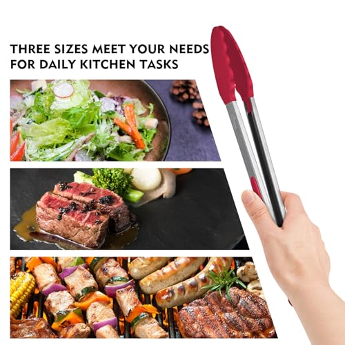 Image of Hotec Premium Stainless Steel Locking Kitchen Tongs with Silicon Tips, Set of 3-7 inch, 9 inch and 12 inch multicolor