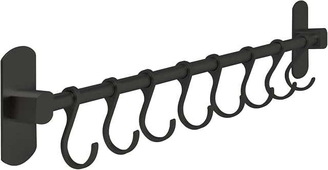joeji's Kitchen Utensil Rack 40cm - Aluminium Kitchen Rail with 8 Hanging Hooks - Wall Mount Strong 3M Self Adhesive - No Drill Space-Saving Tool Holder - Black