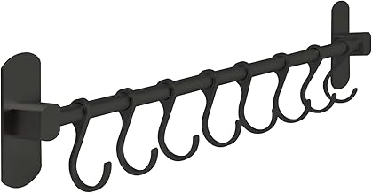joeji's Kitchen Utensil Rack 40cm - Aluminium Kitchen Rail with 8 Hanging Hooks - Wall Mount Strong 3M Self Adhesive - No Drill Space-Saving Tool Holder - Black